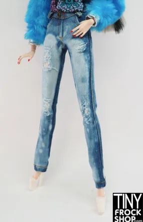 12" Fashion Royalty Bleached Blue Ripped Denim Jeans