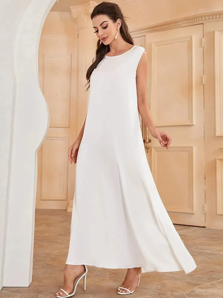 2024 Elegant White Islamic Dubai Abaya Muslim Maxi Dress