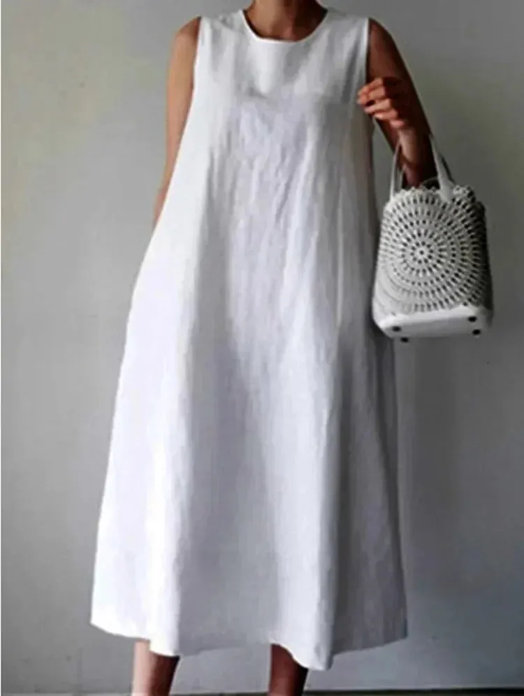 2024 Summer Women Dress Cotton Linen Tank O-neck Sleeveless White Dresses Female New Elegant Casual Loose Korean Clothes Ladies