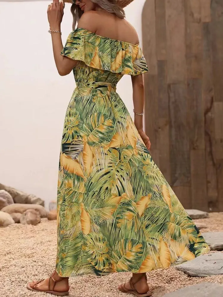 Backless Off Shoulder Slit Boho Maxi Dress