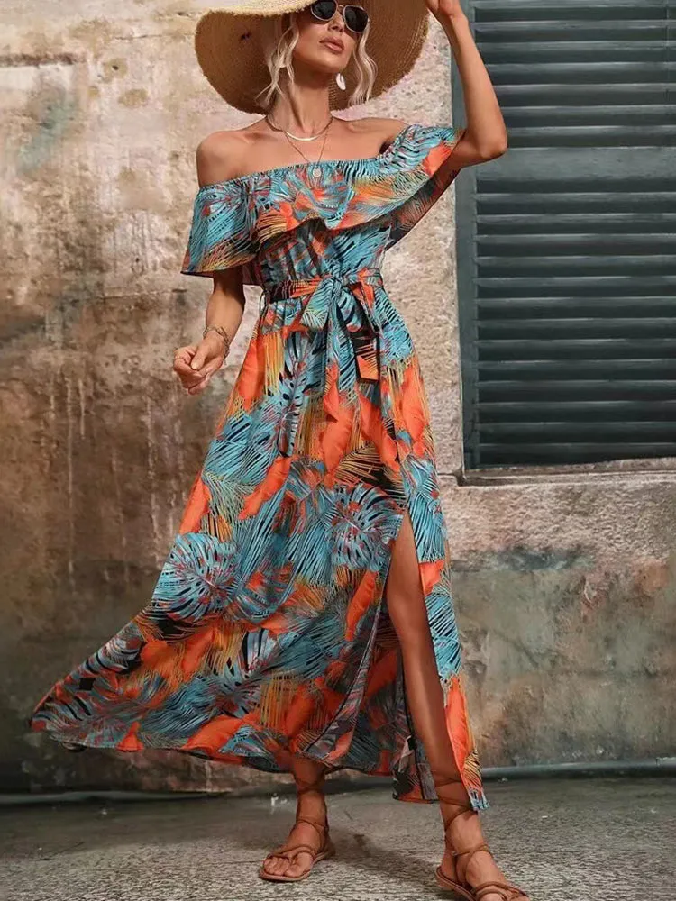 Backless Off Shoulder Slit Boho Maxi Dress