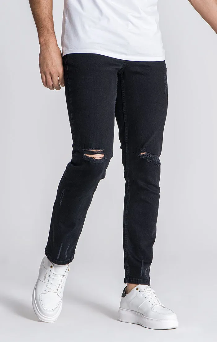 Black Straight-Leg Ripped Jeans