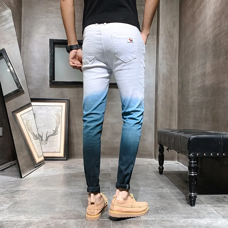 Blue White Gradient Color Ripped Casual Style Men Jeans