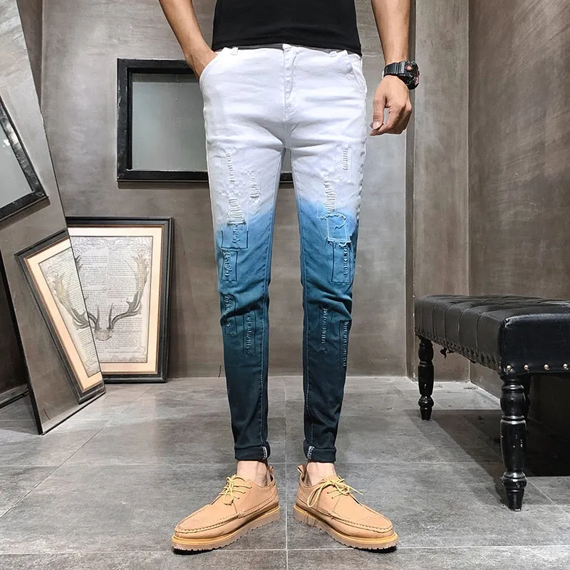 Blue White Gradient Color Ripped Casual Style Men Jeans