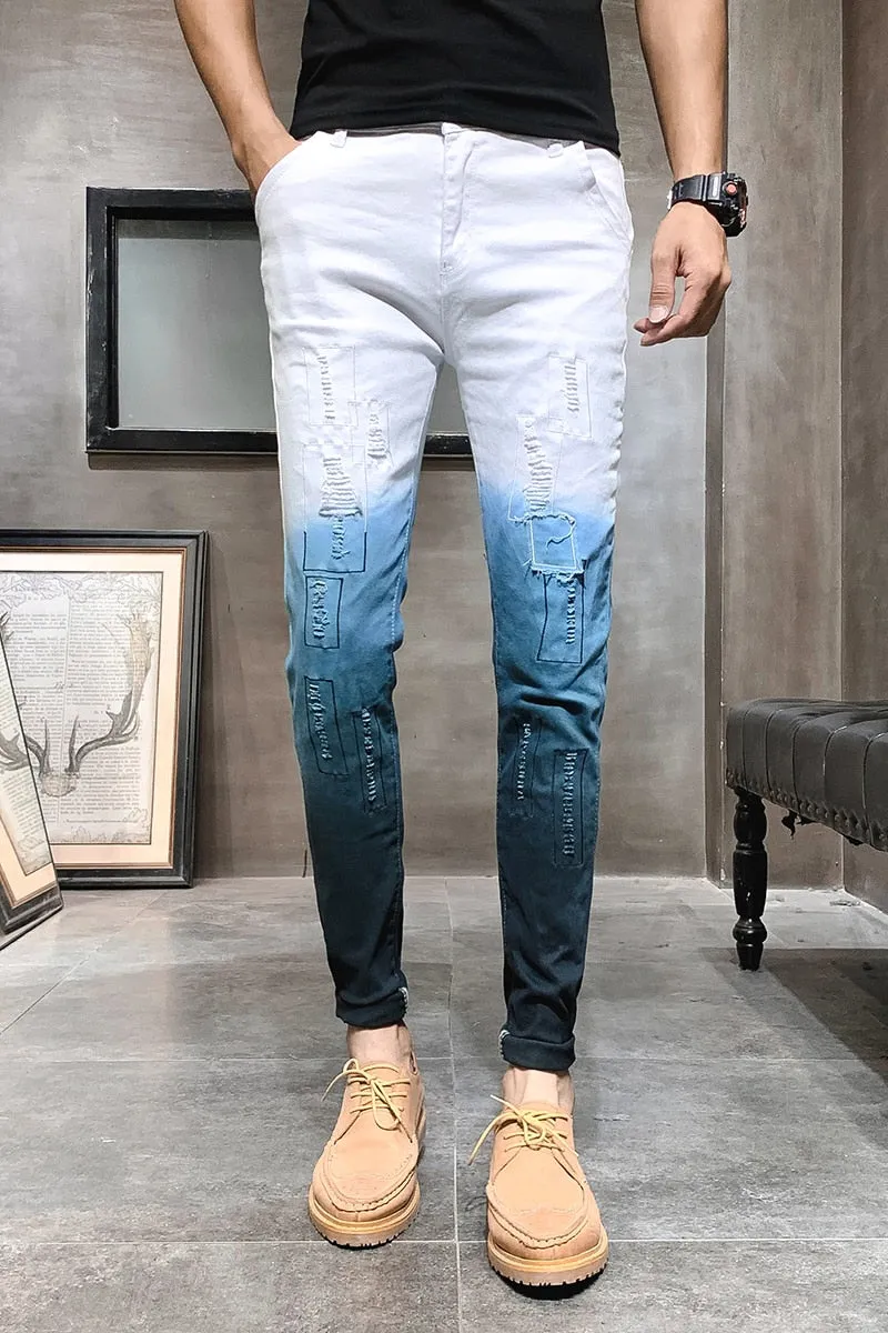 Blue White Gradient Color Ripped Casual Style Men Jeans