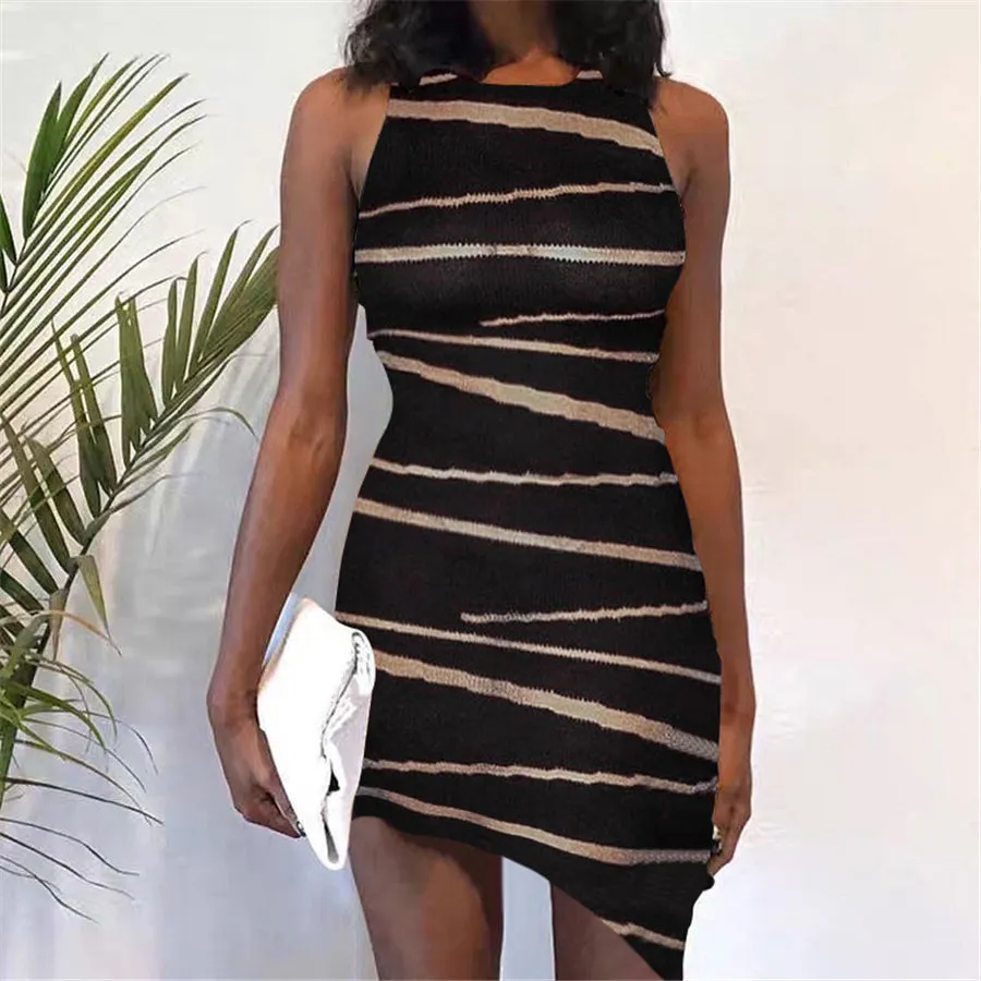 Bodycon Mini Dress Lace Striped Texture Slim Dress Casual Concise Sleeveless Women Casual Dresses