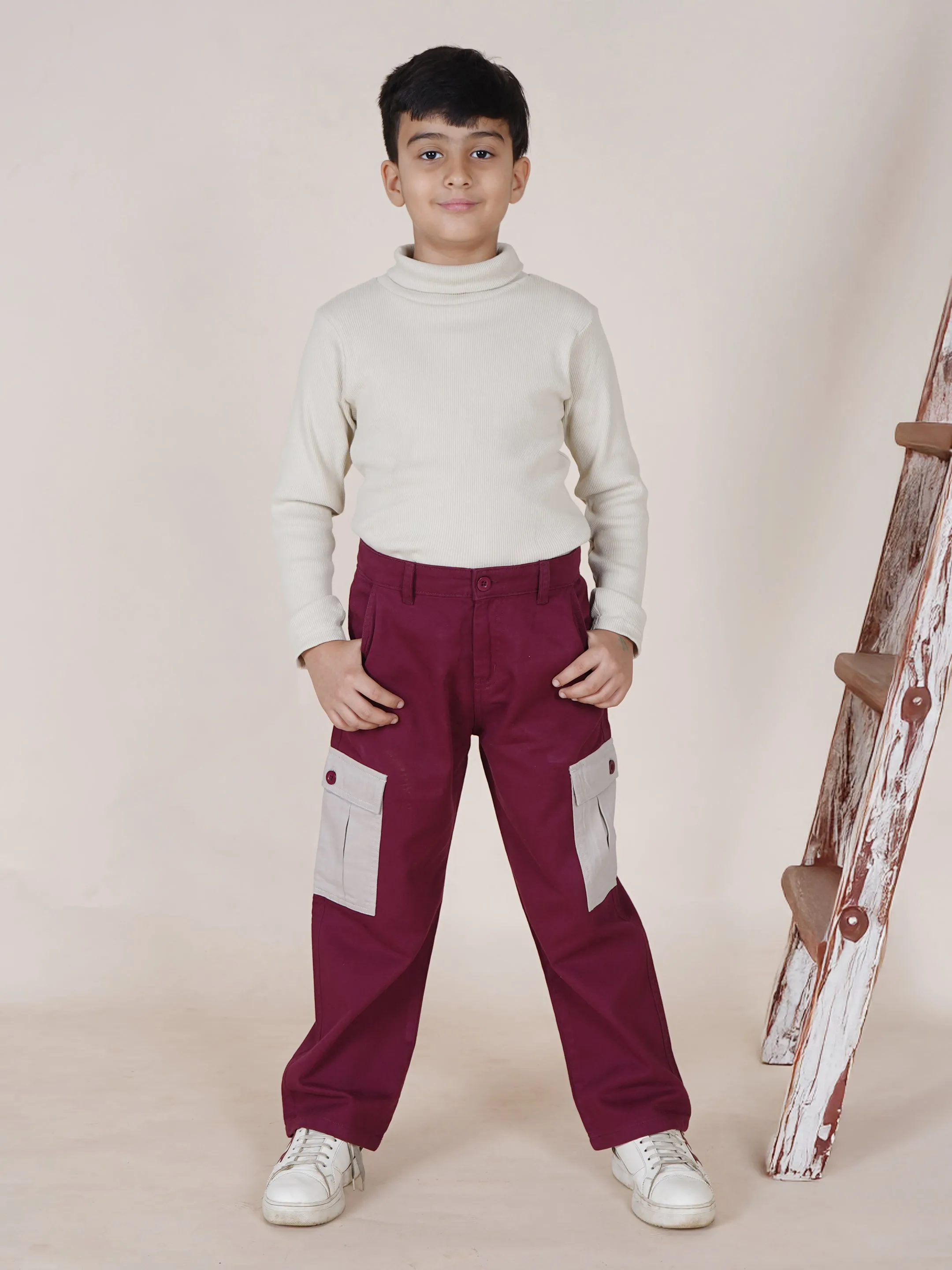 Boys Cotton Full Length Thigh Cut Sew Cargo Pant  With Contrast Pocket