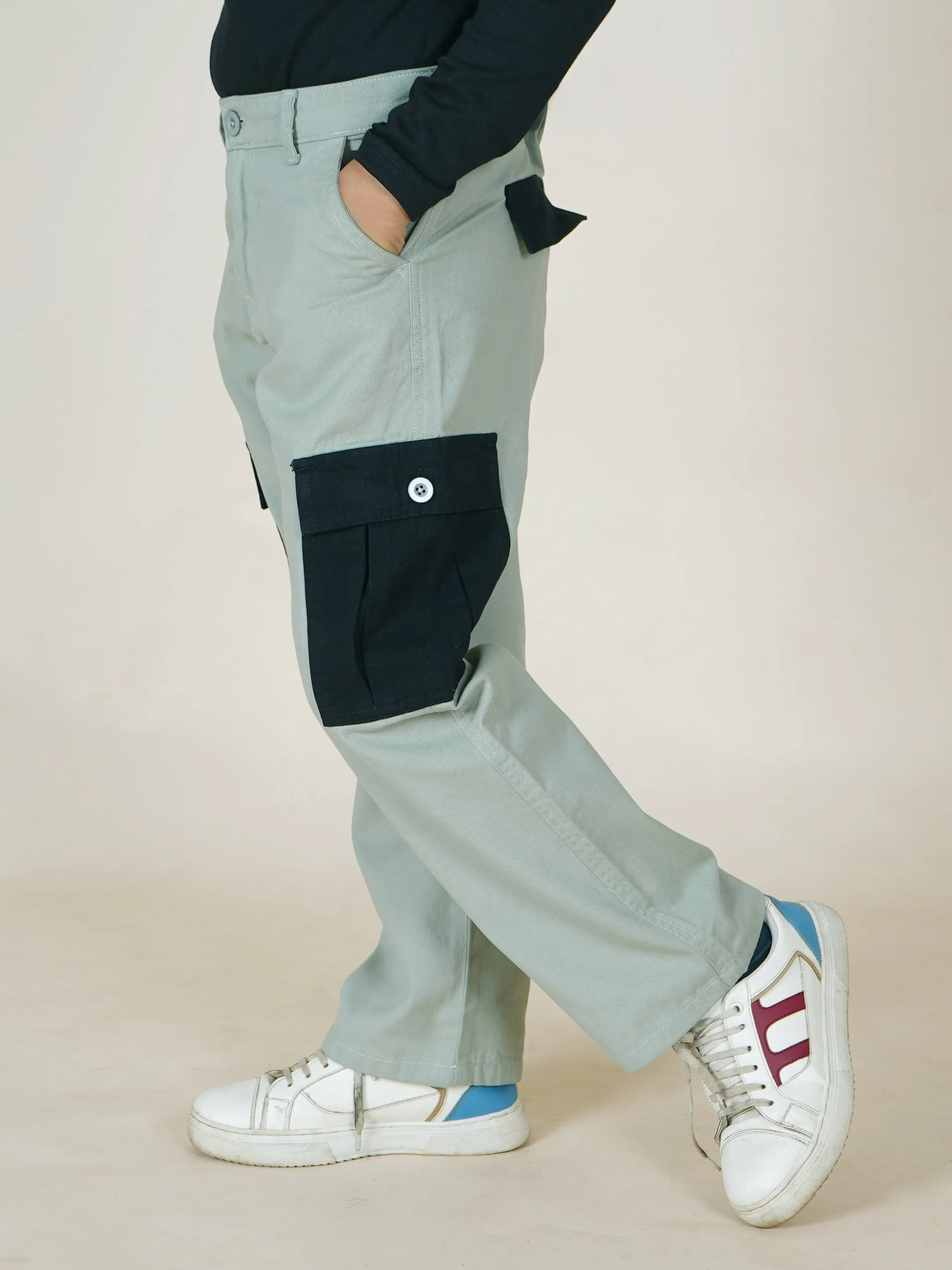 Boys Cotton Full Length Thigh Cut Sew Cargo Pant  With Contrast Pocket