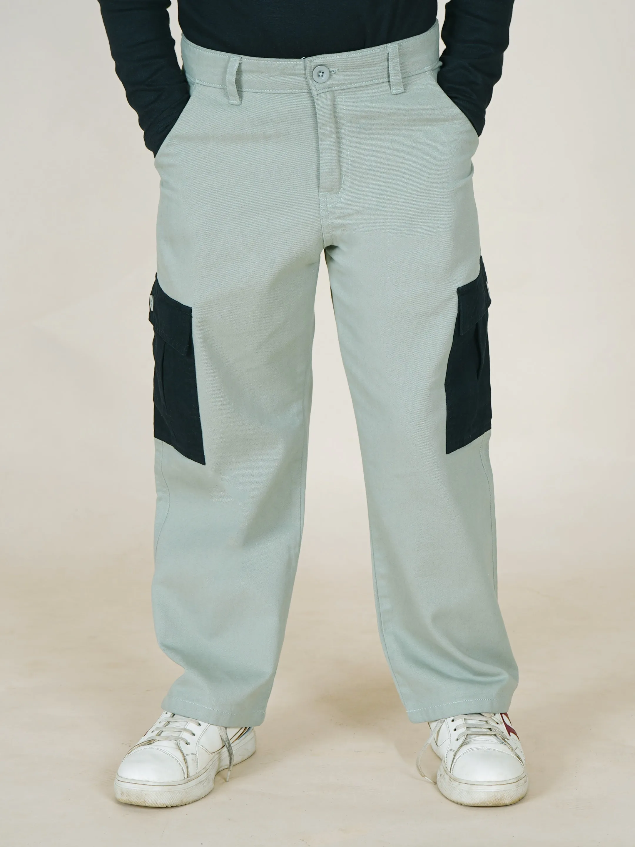 Boys Cotton Full Length Thigh Cut Sew Cargo Pant  With Contrast Pocket