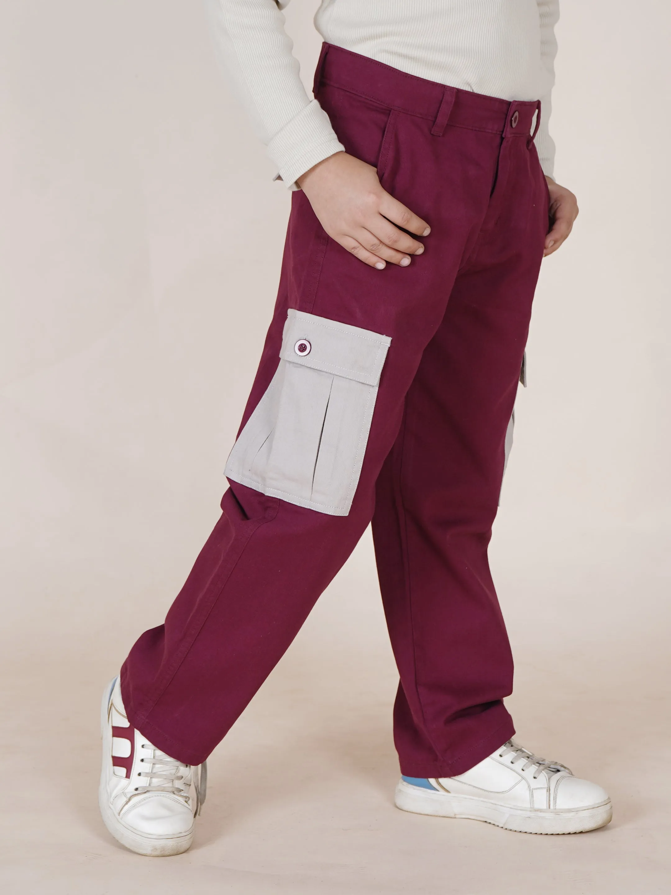 Boys Cotton Full Length Thigh Cut Sew Cargo Pant  With Contrast Pocket