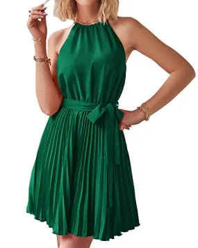 BTFBM Women 2023 Summer Casual Halter Neck A-Line Dress Sleeveless Belted Swing Pleated Cocktail Party Beach Mini Dresses(Solid Green, Medium)