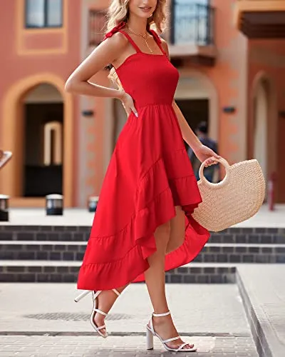 BTFBM Women Sleeveless Spaghetti Strap Summer Short Dress 2028 Square Beach Sundress Solid Smoked Tiered High-Low Maxi Dress（Solid Red,Medium