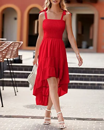 BTFBM Women Sleeveless Spaghetti Strap Summer Short Dress 2028 Square Beach Sundress Solid Smoked Tiered High-Low Maxi Dress（Solid Red,Medium