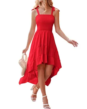 BTFBM Women Sleeveless Spaghetti Strap Summer Short Dress 2028 Square Beach Sundress Solid Smoked Tiered High-Low Maxi Dress（Solid Red,Medium