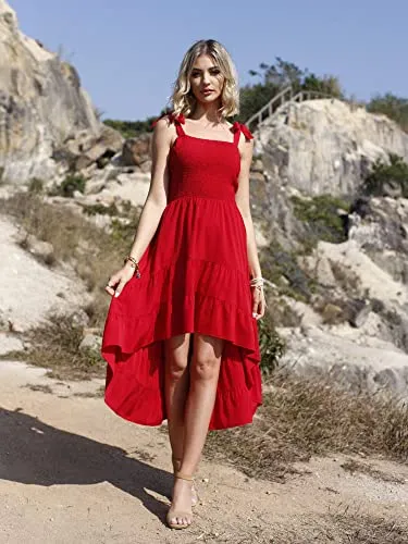 BTFBM Women Sleeveless Spaghetti Strap Summer Short Dress 2028 Square Beach Sundress Solid Smoked Tiered High-Low Maxi Dress（Solid Red,Medium