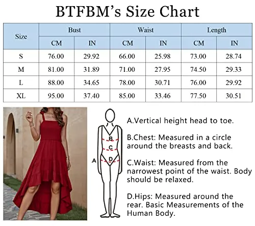 BTFBM Women Sleeveless Spaghetti Strap Summer Short Dress 2028 Square Beach Sundress Solid Smoked Tiered High-Low Maxi Dress（Solid Red,Medium