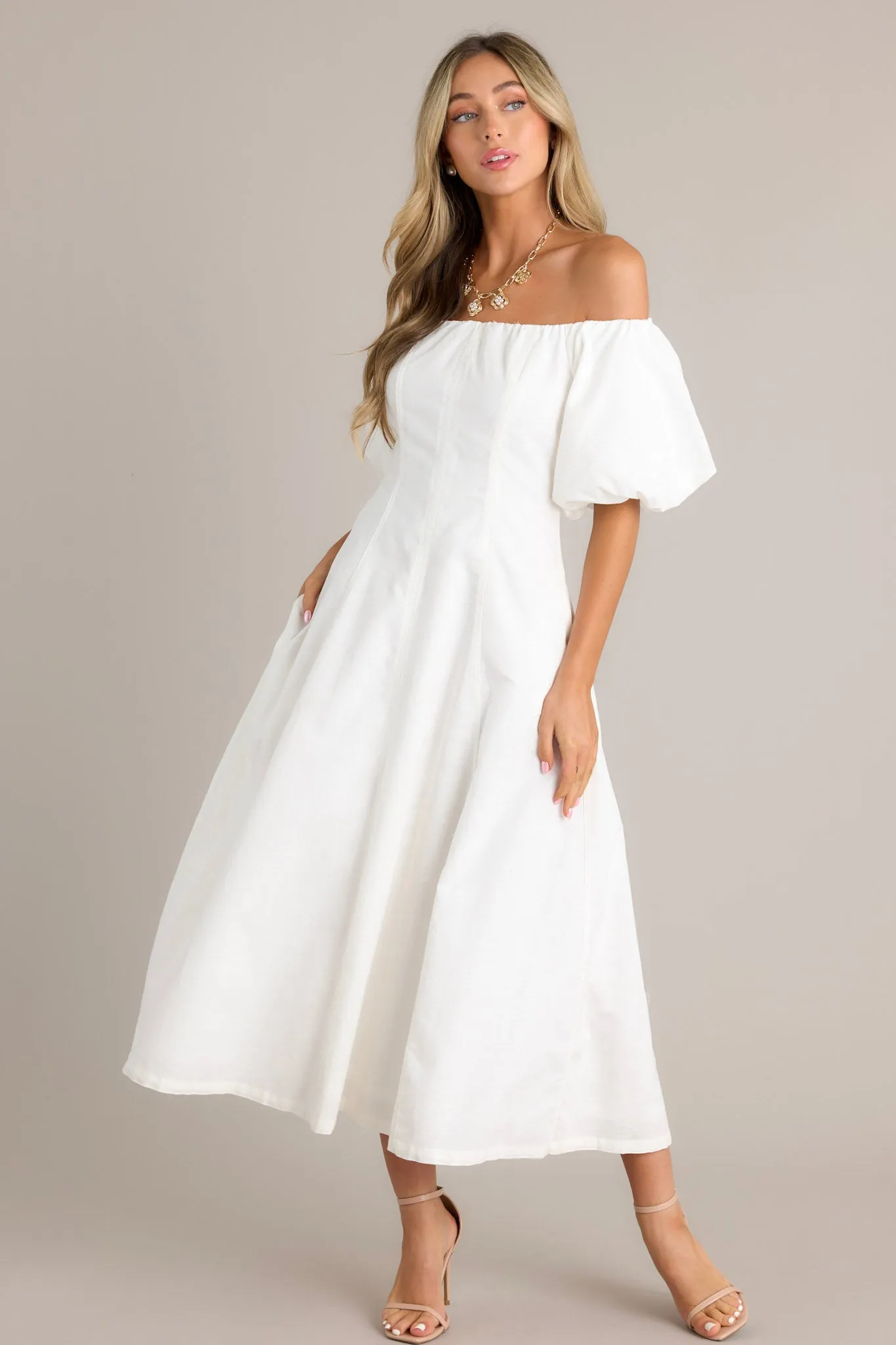 Cascade Couture White Off Shoulder Midi Dress