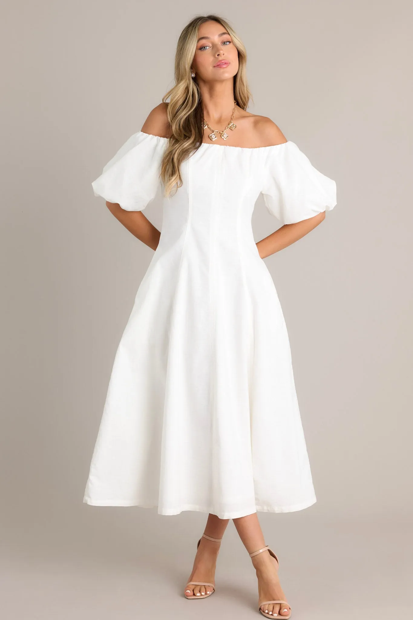 Cascade Couture White Off Shoulder Midi Dress