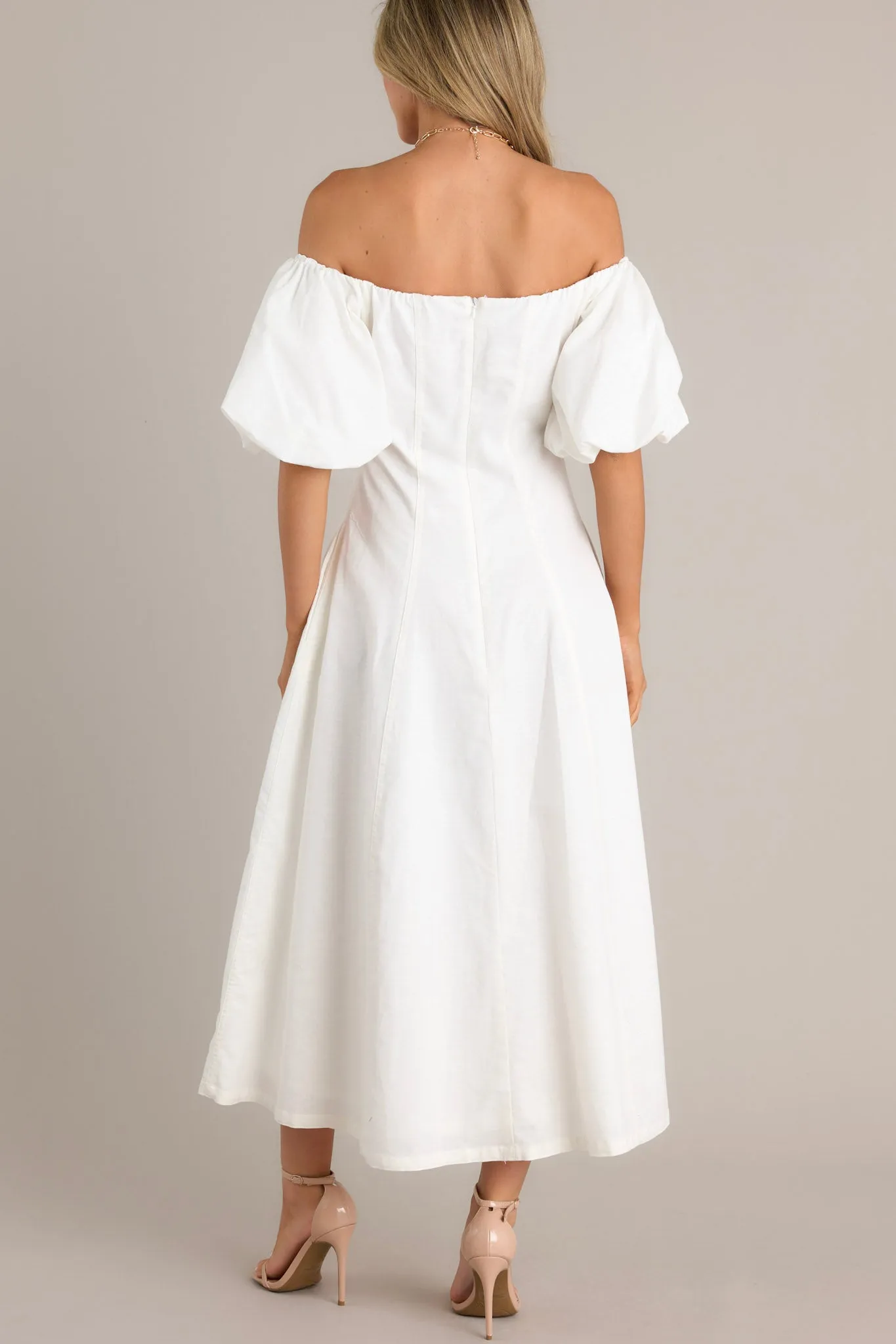 Cascade Couture White Off Shoulder Midi Dress