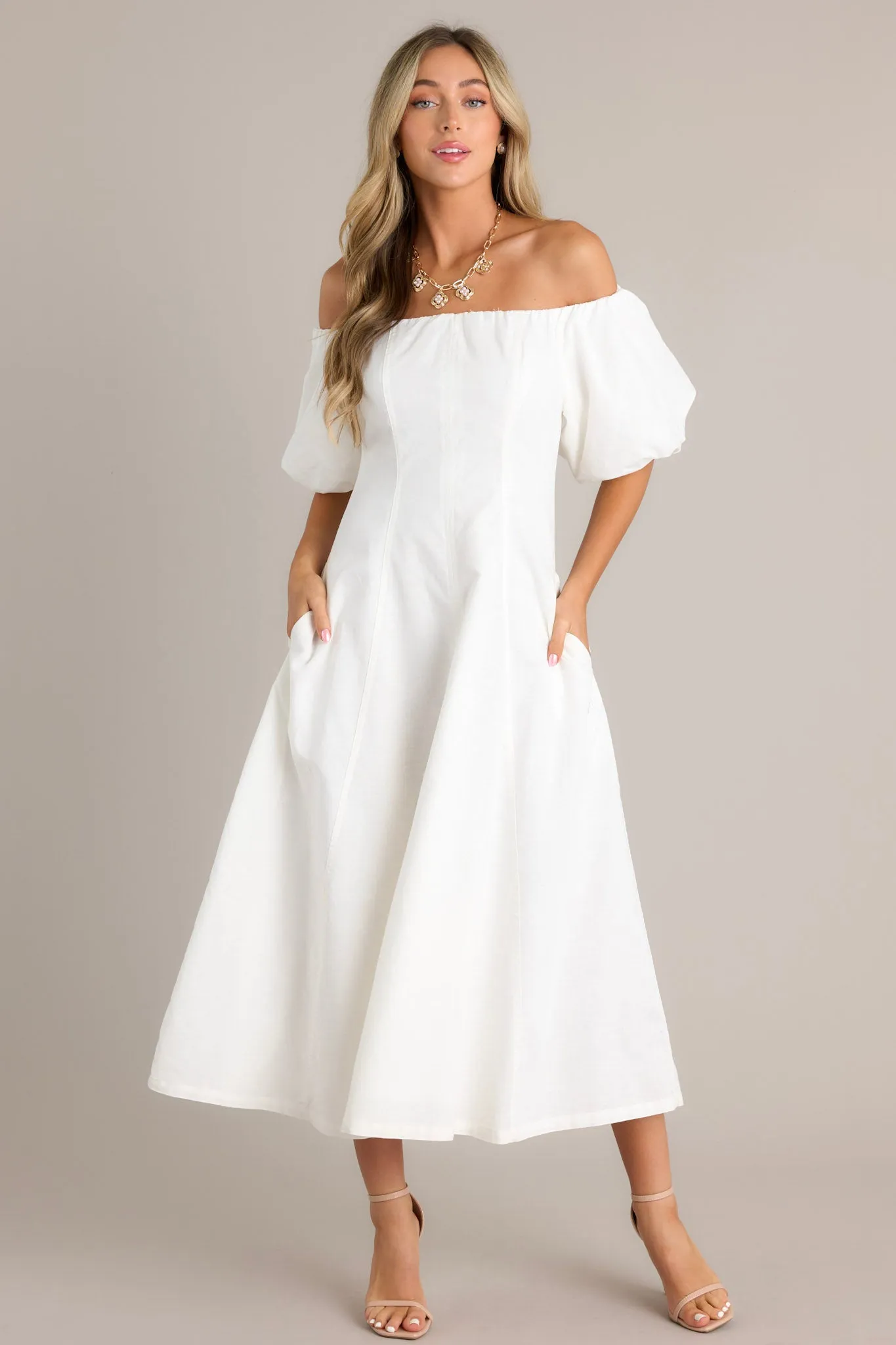 Cascade Couture White Off Shoulder Midi Dress