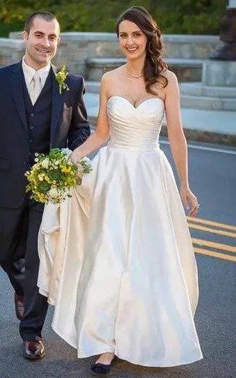 Casual A-Line Satin Sweetheart Neckline Wedding Dress With Open Back And Ruching-716551