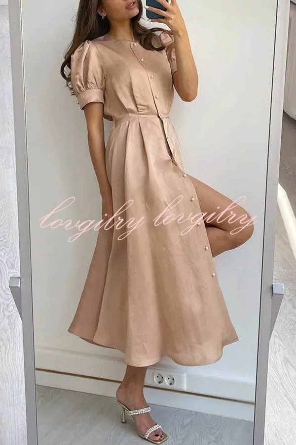 Chic and Classy Vibe Puff Sleeve Pearl Button Slit Midi Dress