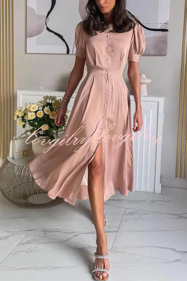 Chic and Classy Vibe Puff Sleeve Pearl Button Slit Midi Dress