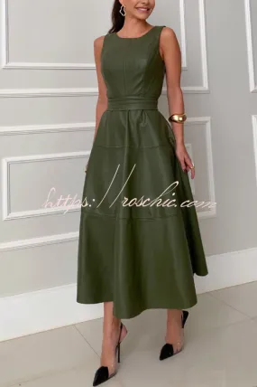 Chic Ensemble Faux Leather Princess Line Back Zipper Umbrella Midi Dress