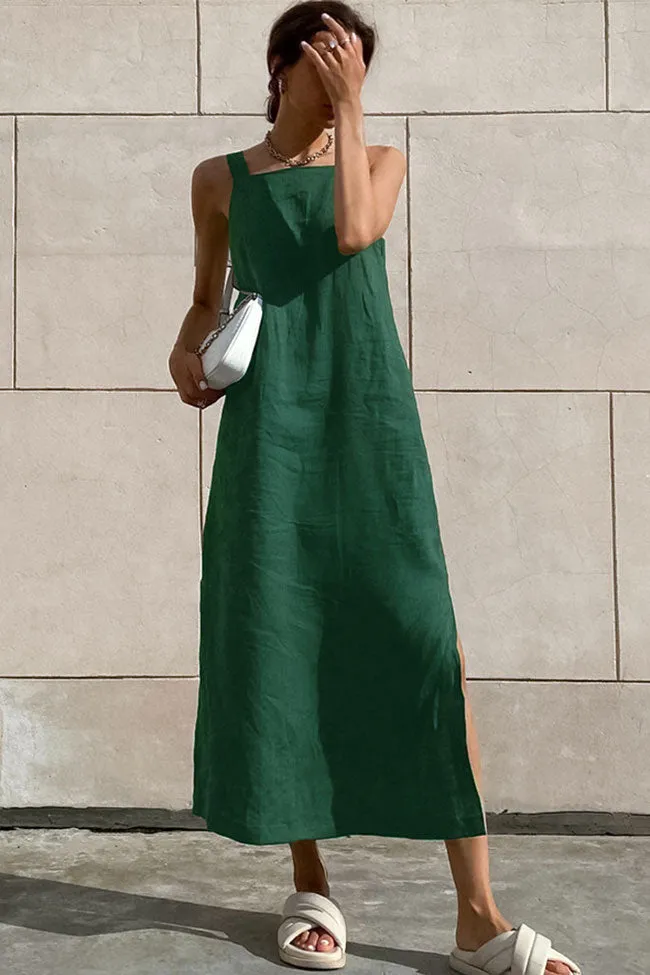 Chic Square Neck A Line Linen Blend Split Summer Midi Sundress - Green