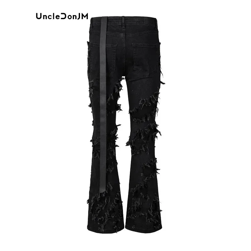 Damage Y2k Black Ripped Gothic Flare Pants Skinny Jeans - Men Street Wear