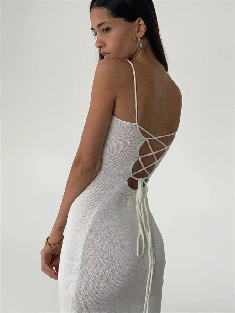 Elegant Knitted Long White Women Backless Bodycon Lace-Up Slit Maxi Dress