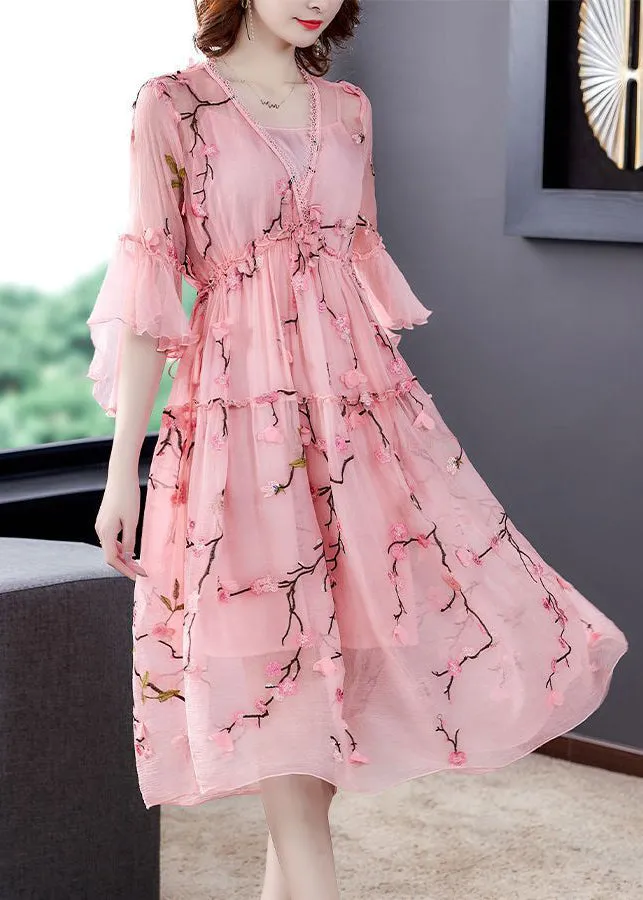 Elegant Pink Ruffled Embroideried ChiffonSilk Maxi Dresses Flare Sleeve LY0523