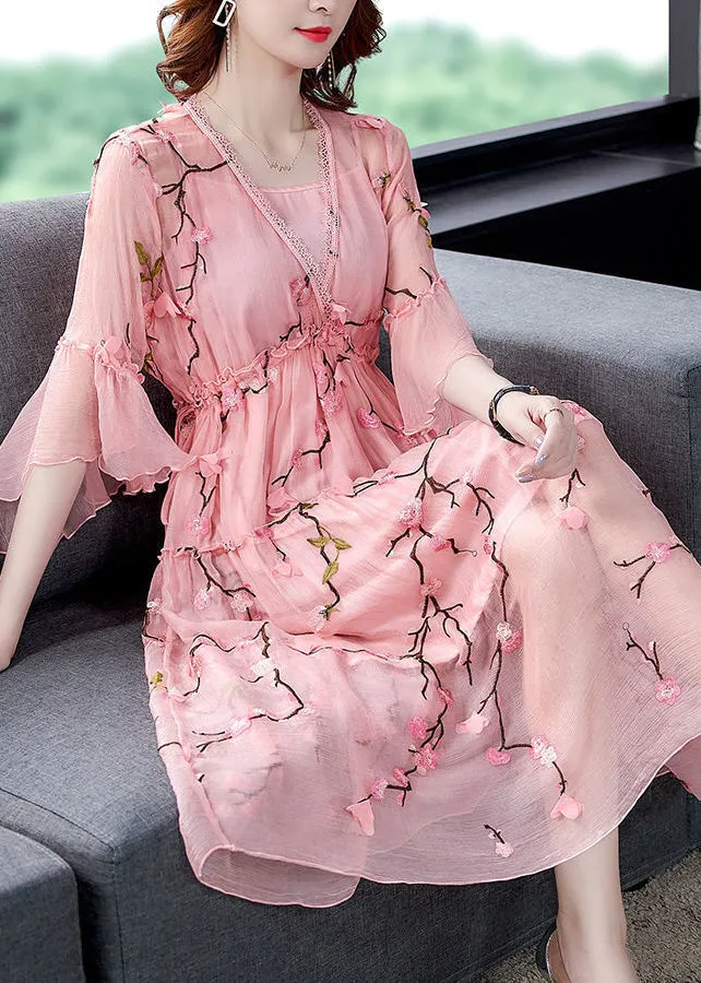 Elegant Pink Ruffled Embroideried ChiffonSilk Maxi Dresses Flare Sleeve LY0523