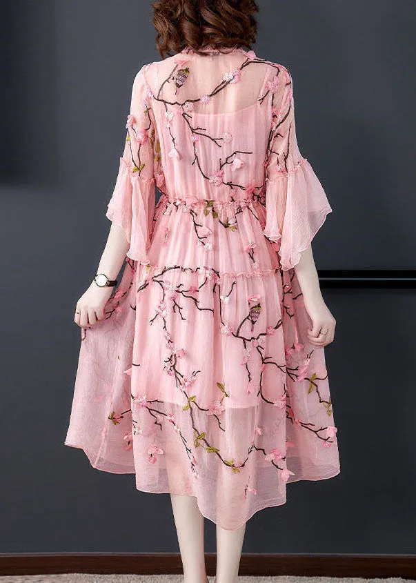 Elegant Pink Ruffled Embroideried ChiffonSilk Maxi Dresses Flare Sleeve LY0523