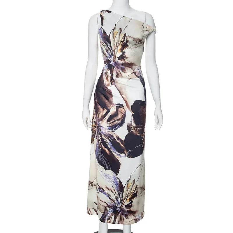 Elegant Print Bodycon Fashion One Shoulder Sleeveless Sexy Party Outfits Summer Ruched Maxi Dress