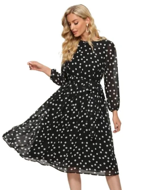 Elegant Stylish Ladies' O-neck Long Sleeve Chiffon Dress With Dot Print