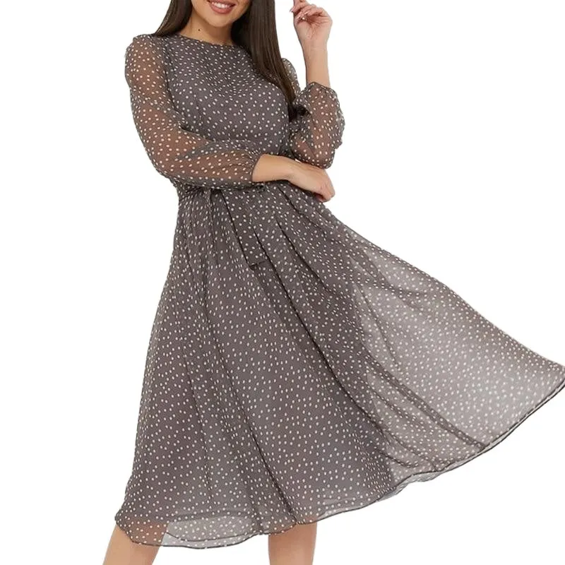 Elegant Stylish Ladies' O-neck Long Sleeve Chiffon Dress With Dot Print