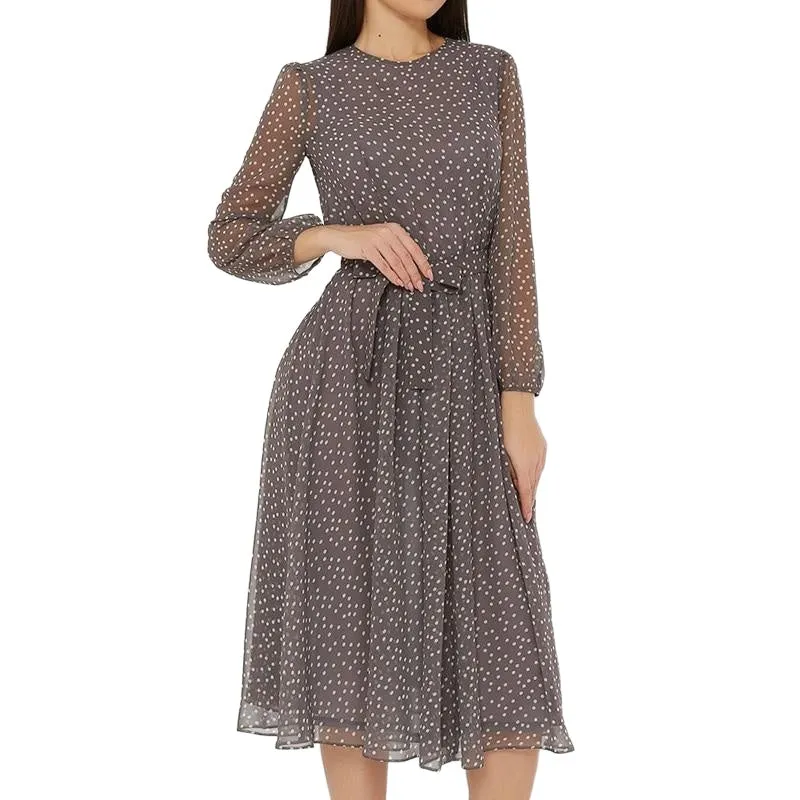 Elegant Stylish Ladies' O-neck Long Sleeve Chiffon Dress With Dot Print