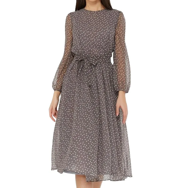 Elegant Stylish Ladies' O-neck Long Sleeve Chiffon Dress With Dot Print