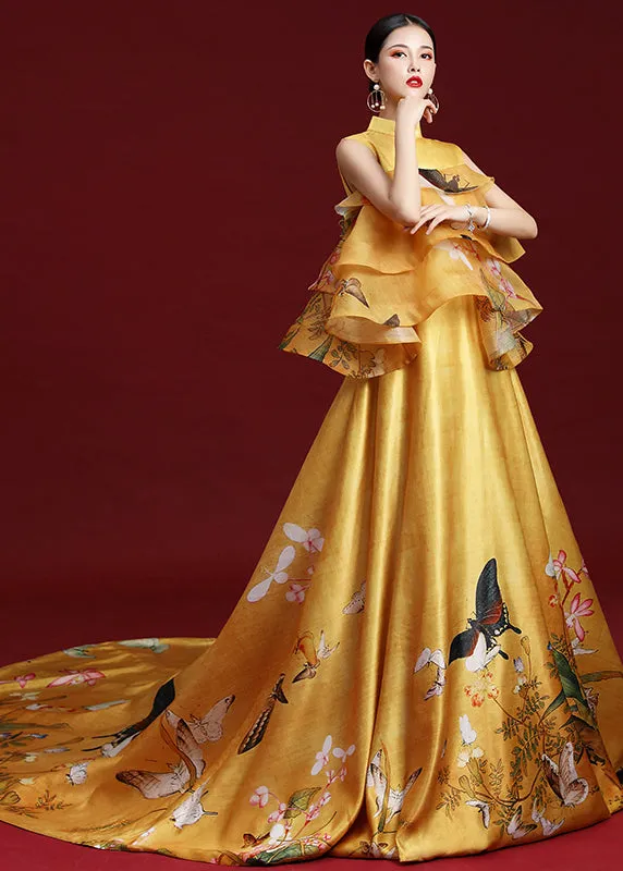 Elegant Yellow Stand Collar Print Ruffled Silk Maxi Dresses Sleeveless ML1564