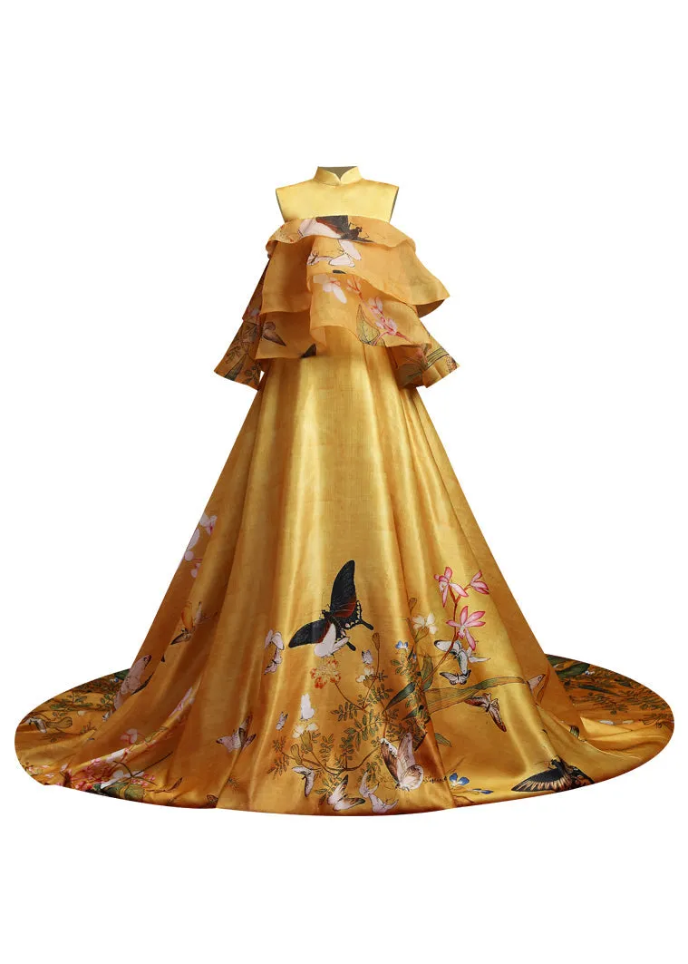 Elegant Yellow Stand Collar Print Ruffled Silk Maxi Dresses Sleeveless ML1564