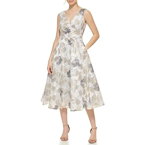 Eliza J Women's Midi Style Floral Organza Sleeveless V-Neck Dress, Ivory Gold