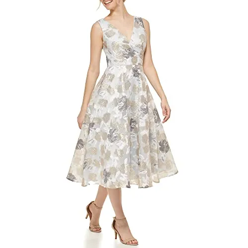 Eliza J Women's Midi Style Floral Organza Sleeveless V-Neck Dress, Ivory Gold