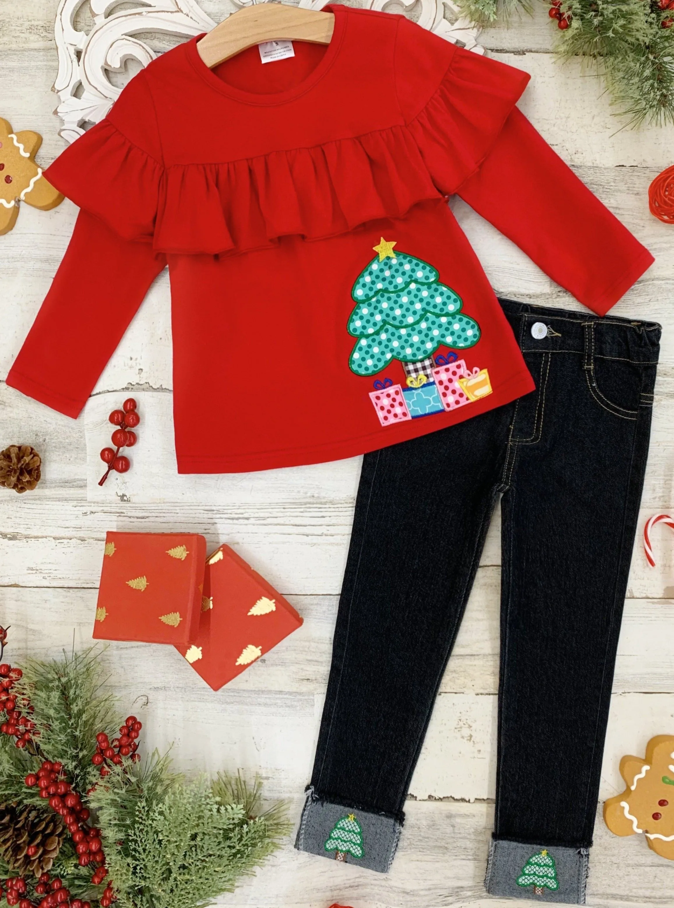 Feeling Pine Christmas Tree Cuffed Jeans Set