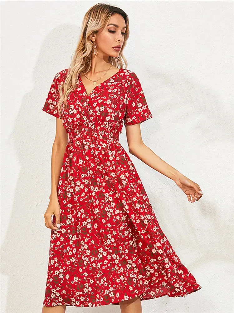 Floral Summer Long Sleeve Chic Clothing Midi Dress for Holiday