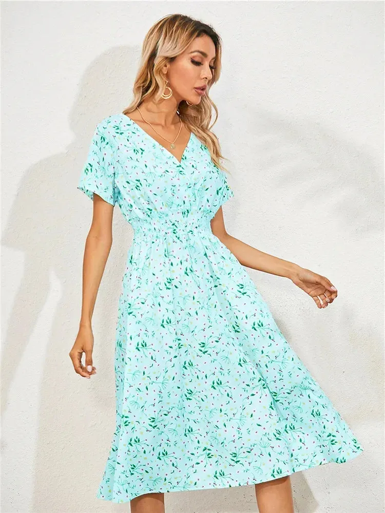 Floral Summer Long Sleeve Chic Clothing Midi Dress for Holiday