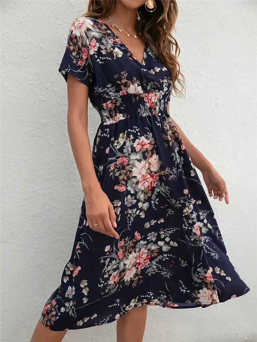 Floral Summer Long Sleeve Chic Clothing Midi Dress for Holiday