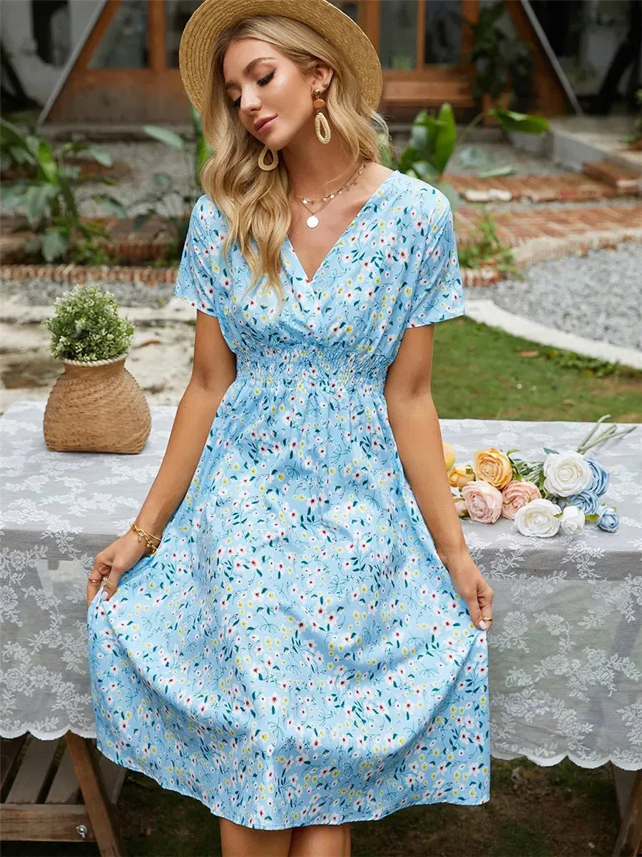 Floral Summer Long Sleeve Chic Clothing Midi Dress for Holiday