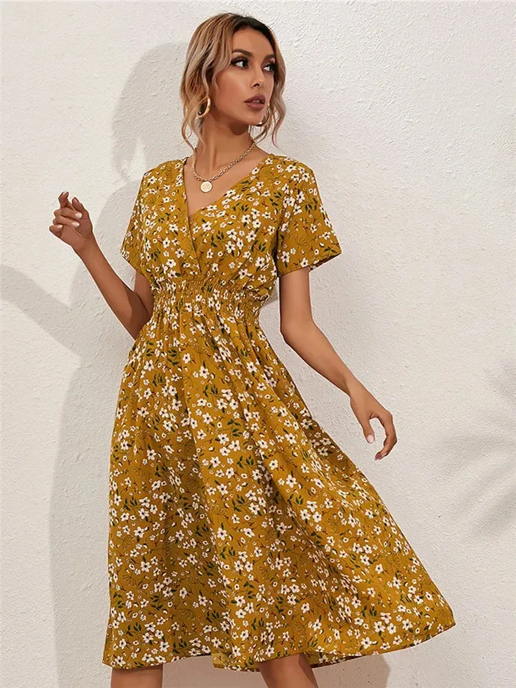 Floral Summer Long Sleeve Chic Clothing Midi Dress for Holiday