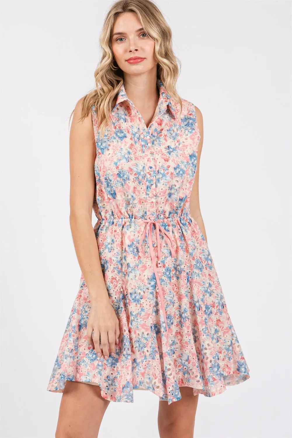 Full Size Floral Eyelet Sleeveless Mini Dress